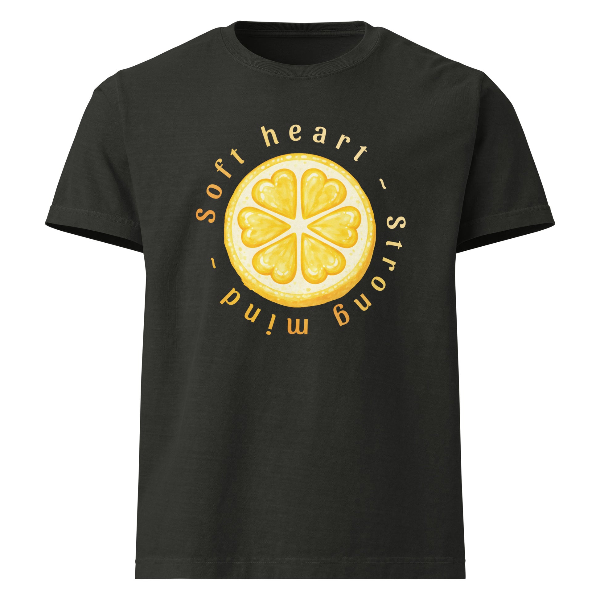 Soft Heart Strong Mind oversized cotton tee in washed black with yellow graphic