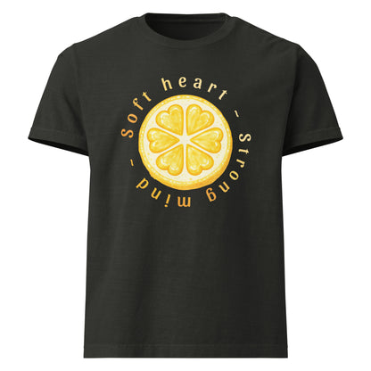 Soft Heart Strong Mind oversized cotton tee in washed black with yellow graphic