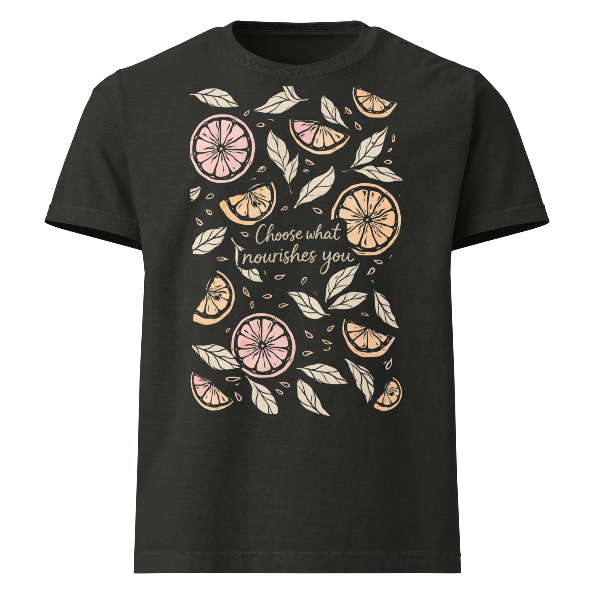 Choose What Nourishes You oversized T Shirt with illustrated fruit graphic