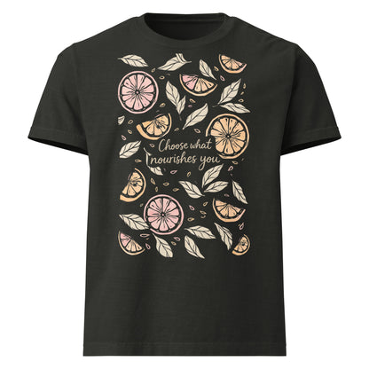 Choose What Nourishes You oversized T Shirt with illustrated fruit graphic
