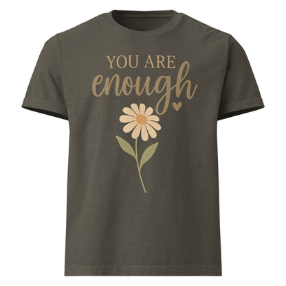 You Are Enough oversized cotton T shirt in olive green with floral affirmation design