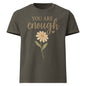You Are Enough oversized cotton T shirt in olive green with floral affirmation design