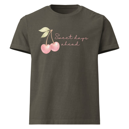 Sweet Days Ahead oversized cotton tee in washed charcoal with cherry graphic