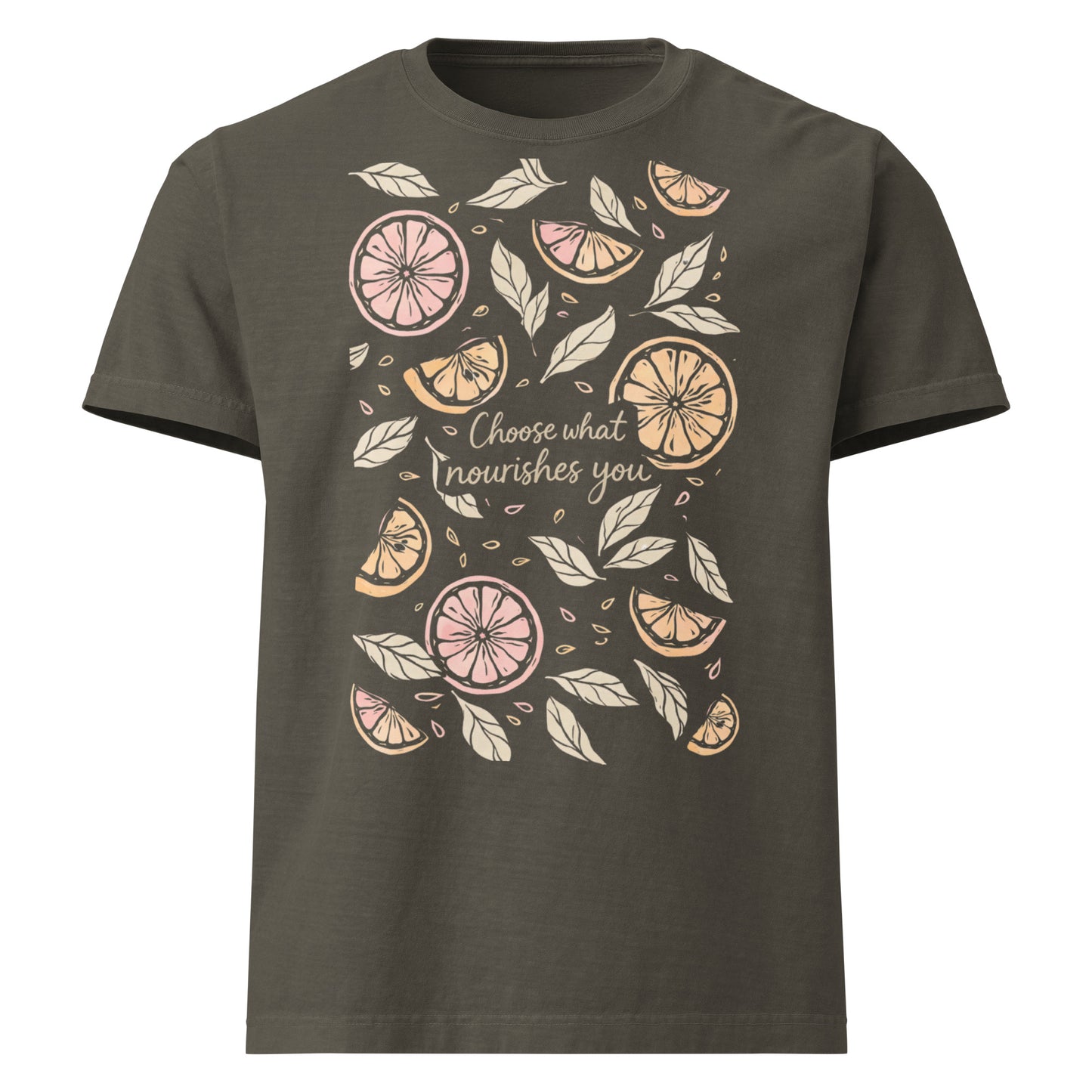 Choose What Nourishes You oversized T Shirt with illustrated fruit graphic
