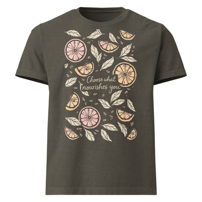 Choose What Nourishes You oversized T Shirt with illustrated fruit graphic