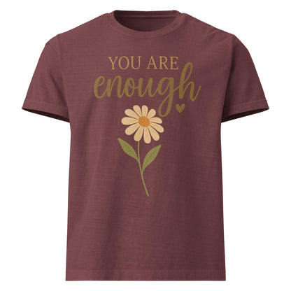 You Are Enough oversized cotton T shirt in burgundy with floral affirmation design
