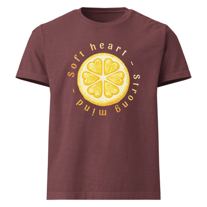 Soft Heart Strong Mind oversized cotton tee in washed maroon with yellow graphic