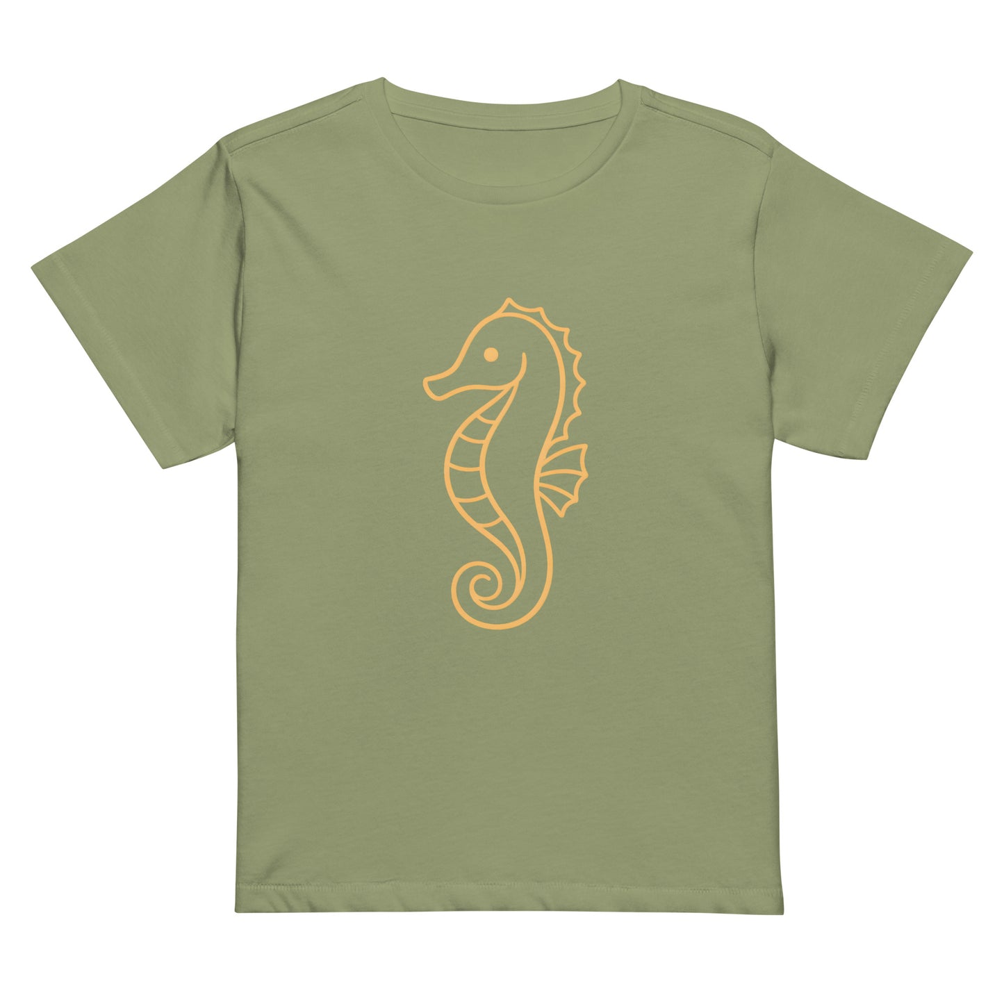 Front view of seahorse graphic high waisted women’s T Shirt