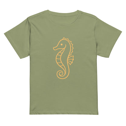 Front view of seahorse graphic high waisted women’s T Shirt