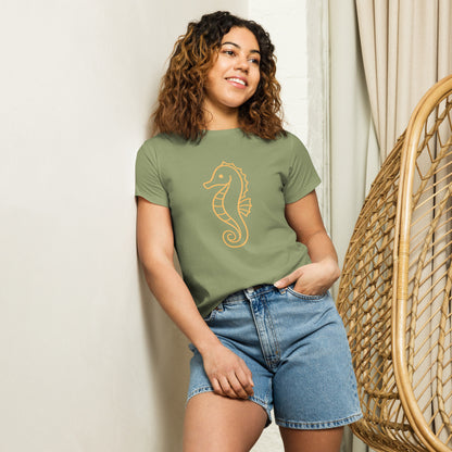 Woman wearing Golden Tide Seahorse women’s high waisted T Shirt