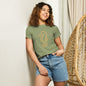 Woman wearing Golden Tide Seahorse women’s high waisted T Shirt