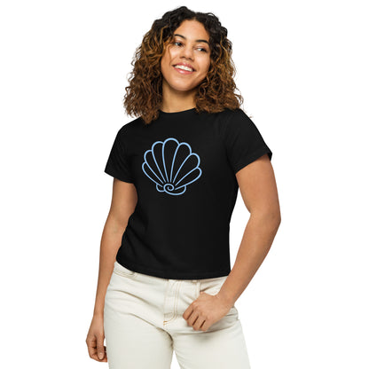 Woman wearing Coastal Calm Shell high waisted cotton T Shirt