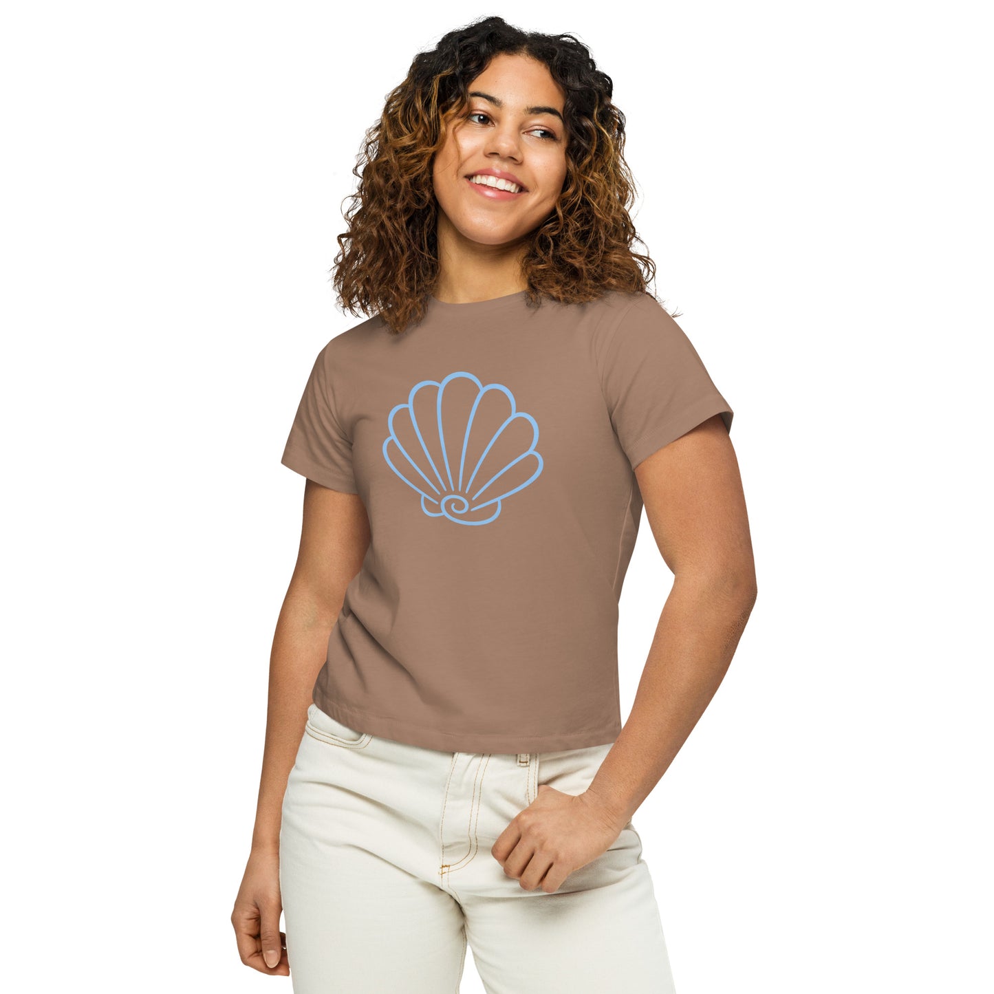 Woman wearing Coastal Calm Shell high waisted cotton T Shirt