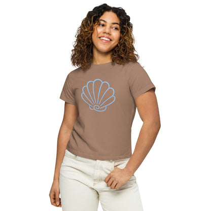 Woman wearing Coastal Calm Shell high waisted cotton T Shirt