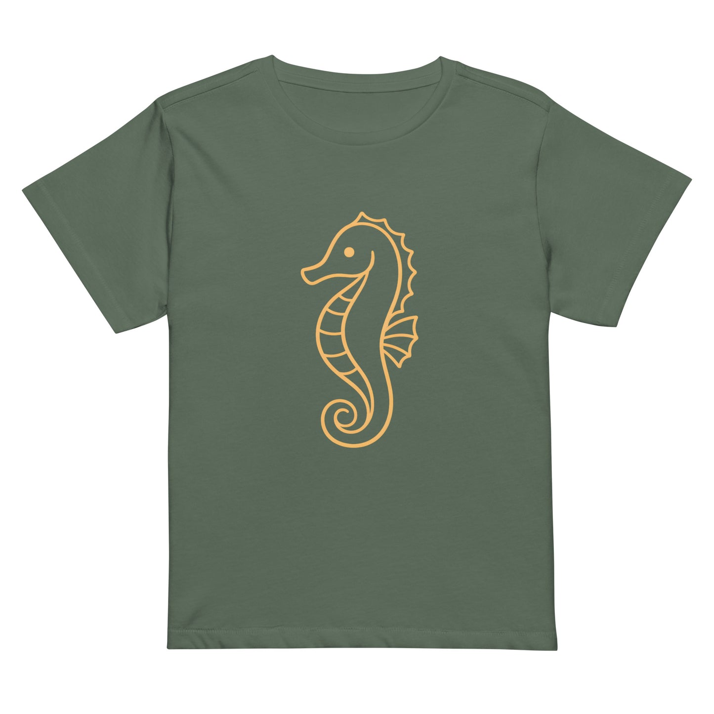 Front view of seahorse graphic high waisted women’s T Shirt