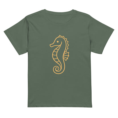 Front view of seahorse graphic high waisted women’s T Shirt