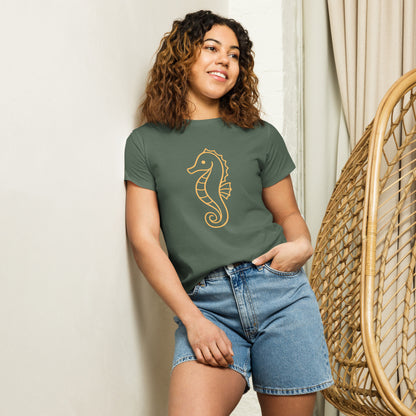 Woman wearing Golden Tide Seahorse women’s high waisted T Shirt