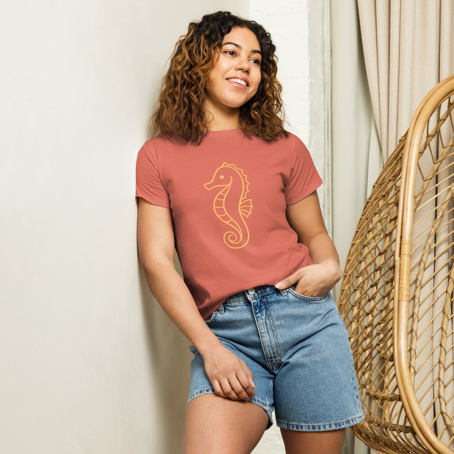 Woman wearing Golden Tide Seahorse women’s high waisted T Shirt