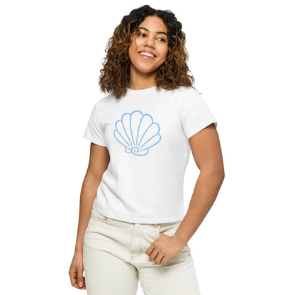 Woman wearing Coastal Calm Shell high waisted cotton T Shirt