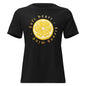 Soft Heart Strong Mind womens relaxed cotton tee in black with yellow circular graphic