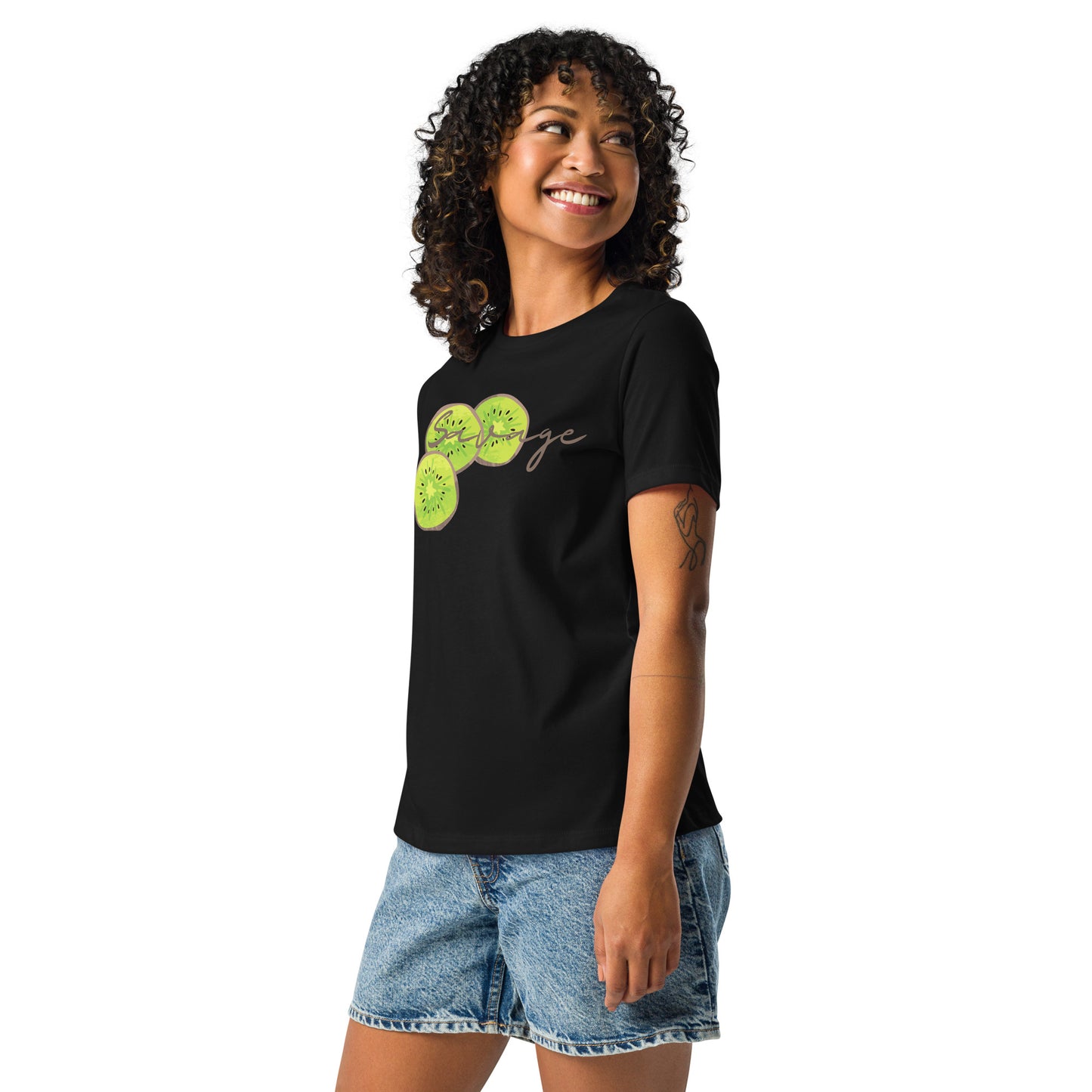 Savage womens relaxed cotton T shirt in black worn by model
