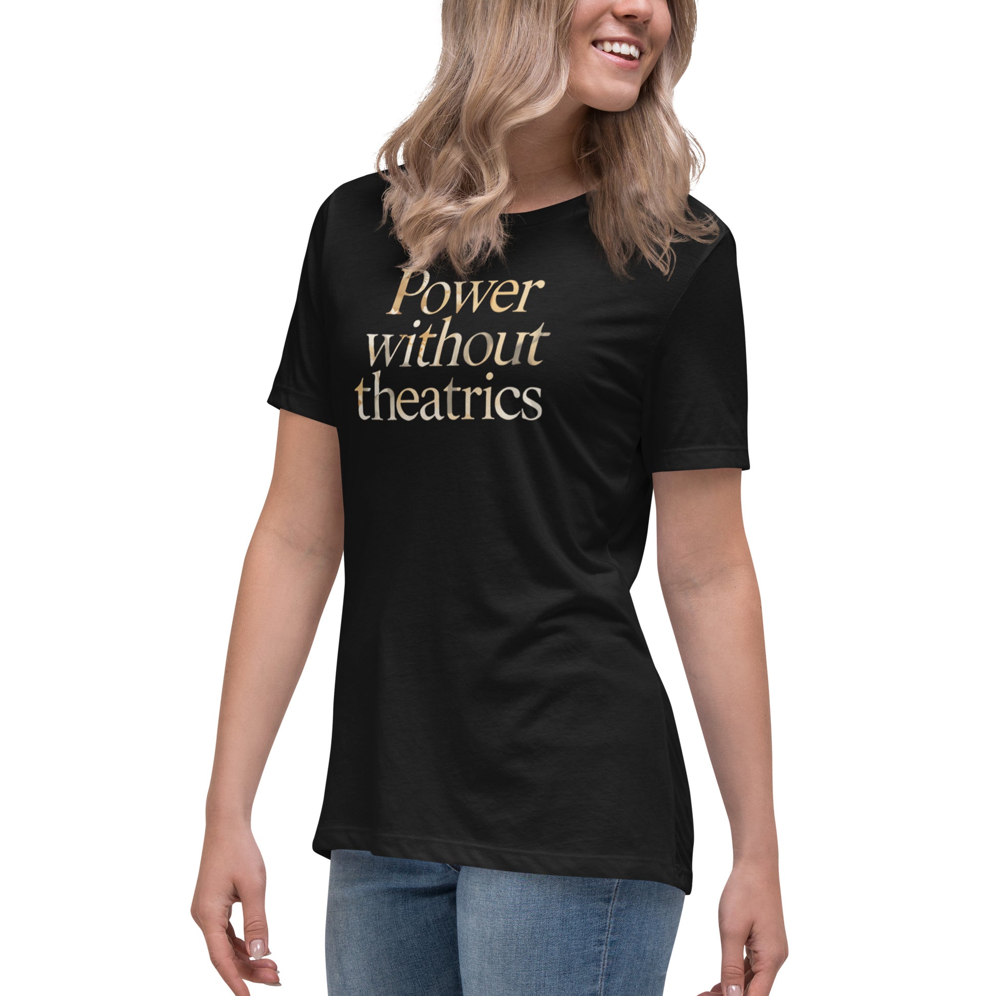 Power Without Theatrics womens relaxed cotton T shirt in black worn by model