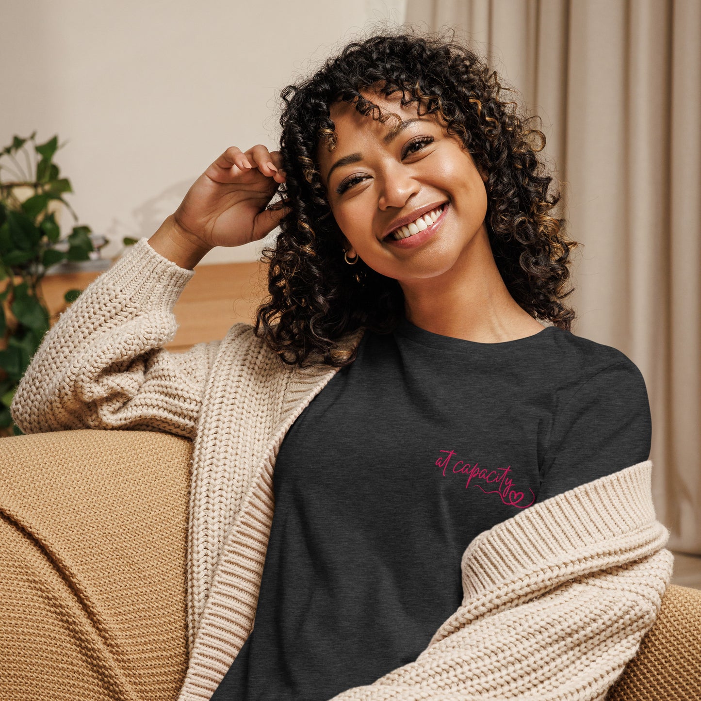 At Capacity embroidered womens relaxed cotton T shirt in dark grey heather worn by model