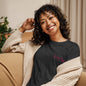 At Capacity embroidered womens relaxed cotton T shirt in dark grey heather worn by model