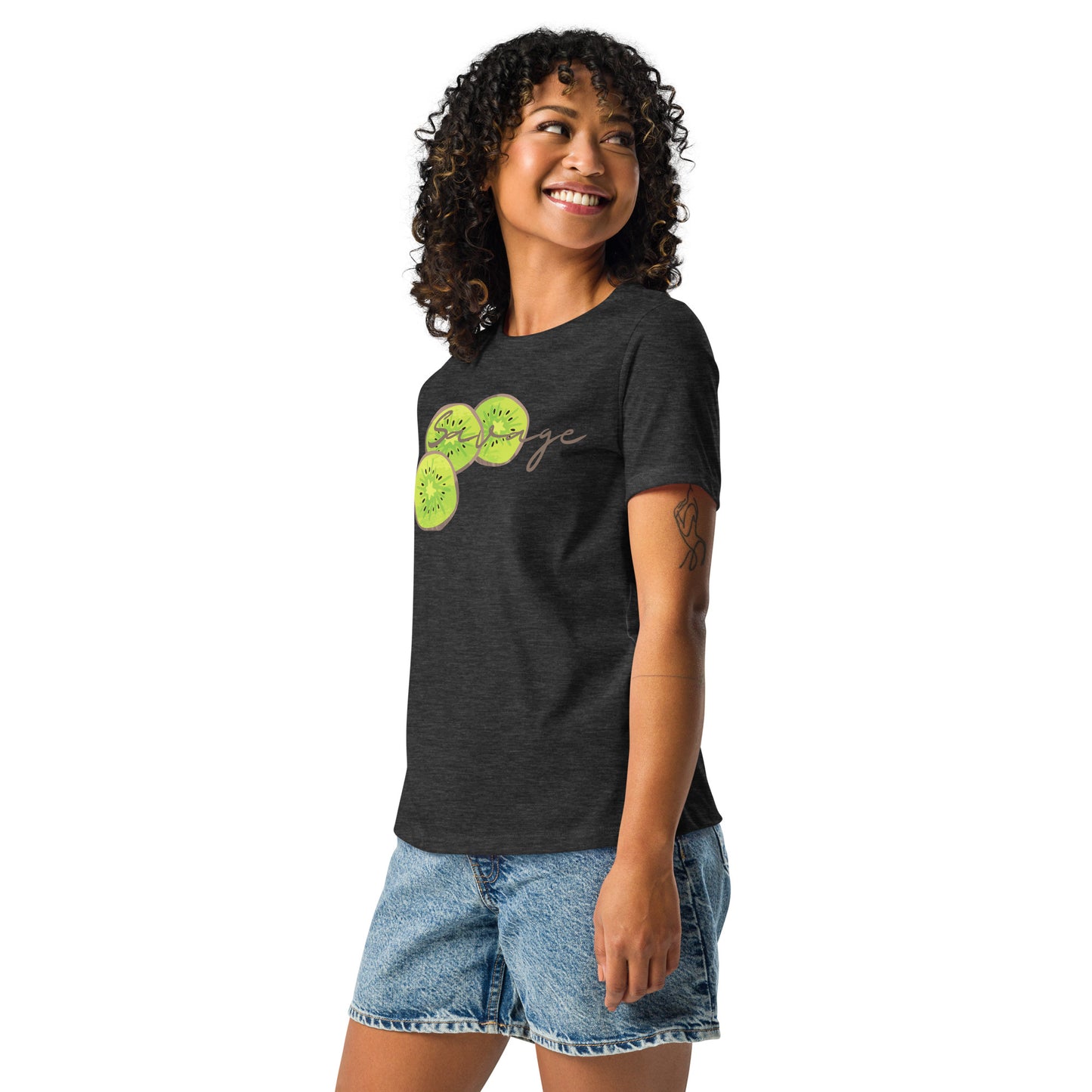 Savage womens relaxed cotton T shirt in dark grey heather worn by model