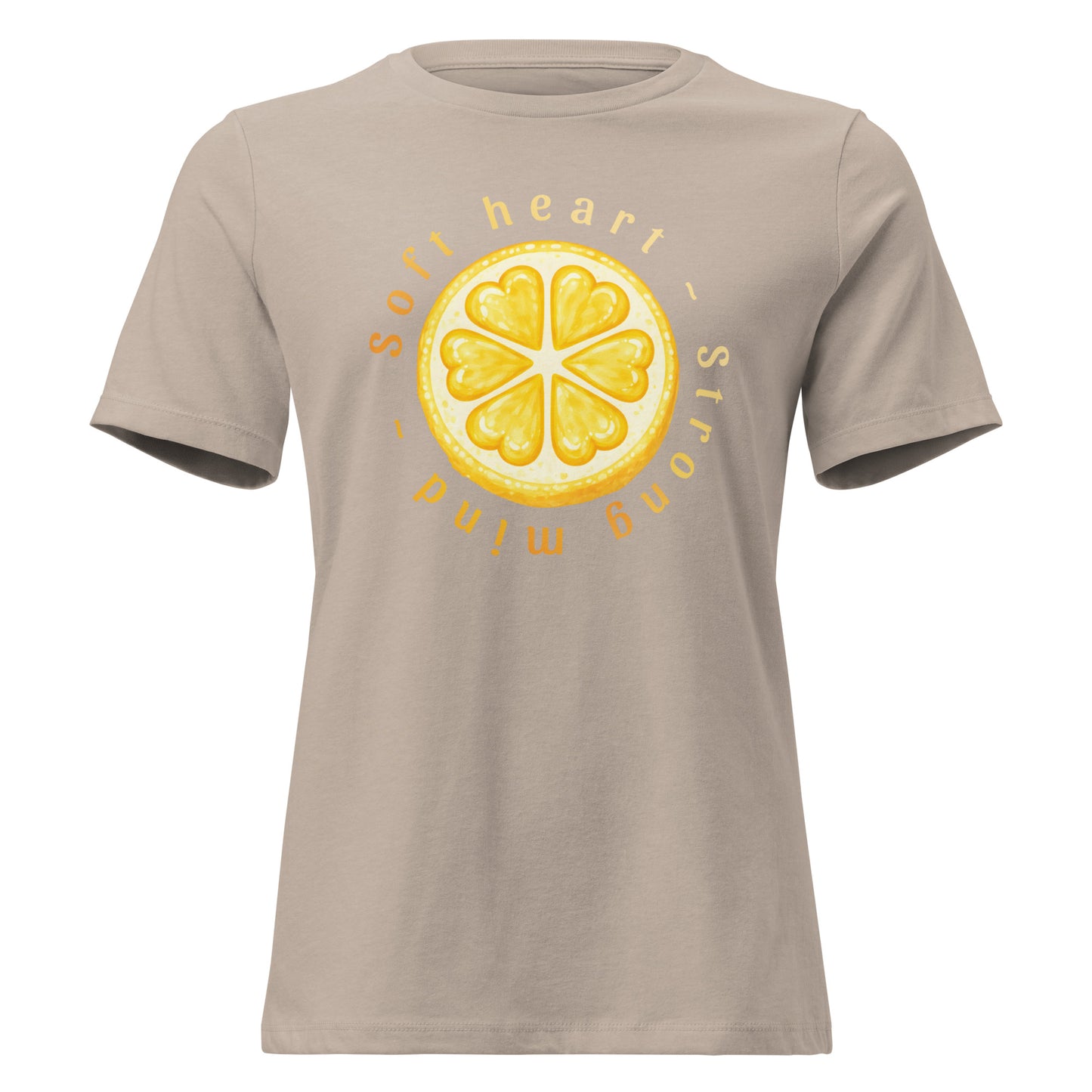 Soft Heart Strong Mind womens relaxed cotton tee in taupe with yellow circular graphic