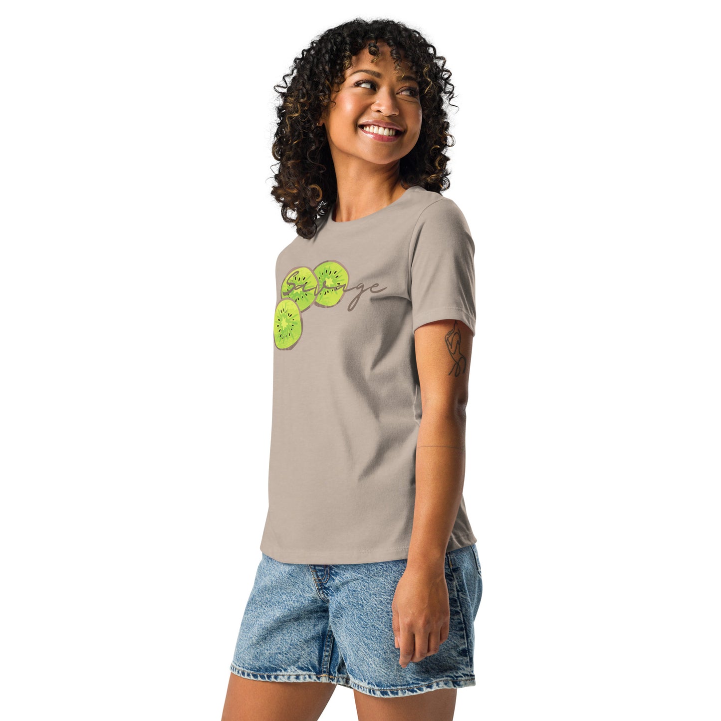 Savage womens relaxed cotton T shirt in heather stone worn by model
