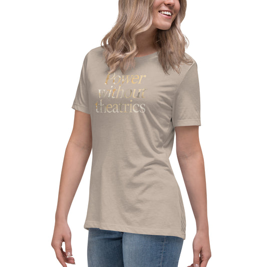 Power Without Theatrics womens relaxed cotton T shirt in heather stone worn by model