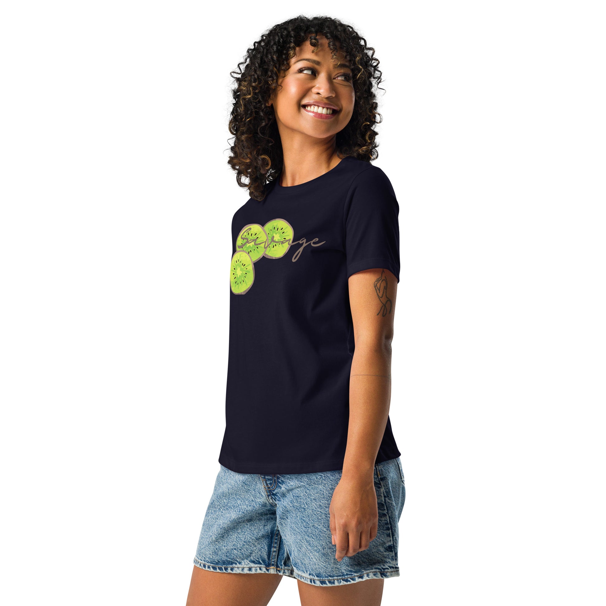 Savage womens relaxed cotton T shirt in navy worn by model