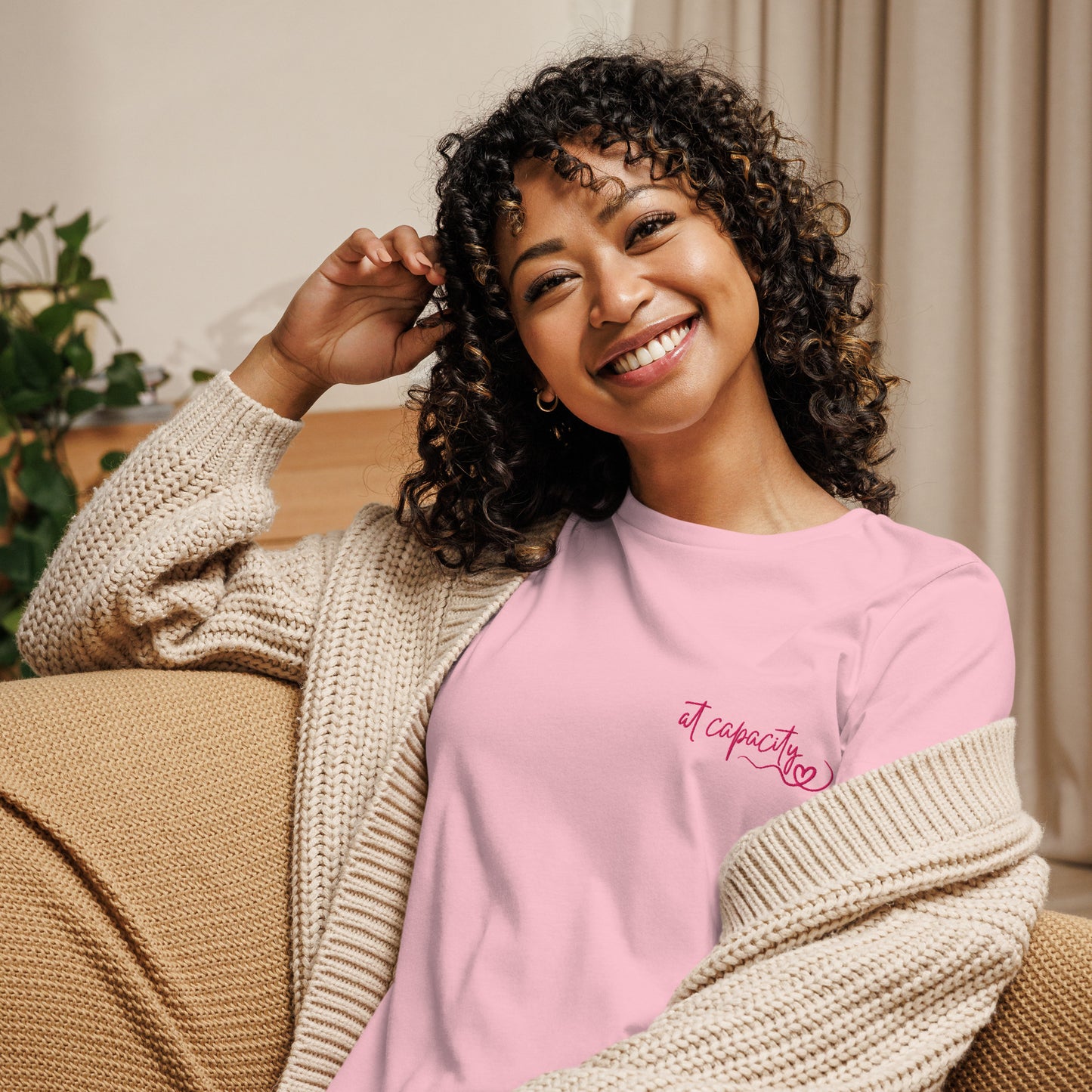At Capacity embroidered womens relaxed cotton T shirt in pink worn by model