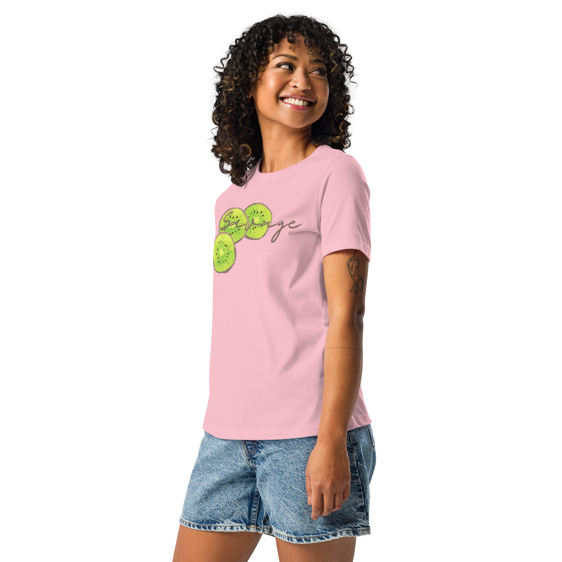 Savage womens relaxed cotton T shirt in pink worn by model