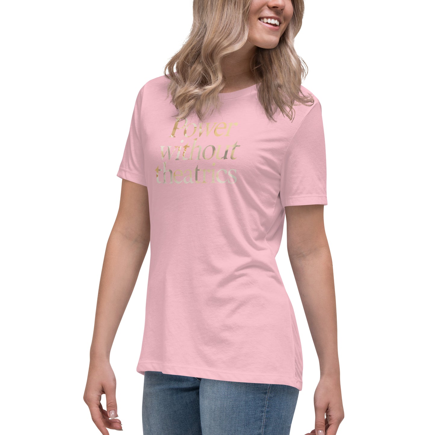 Power Without Theatrics womens relaxed cotton T shirt in pink worn by model