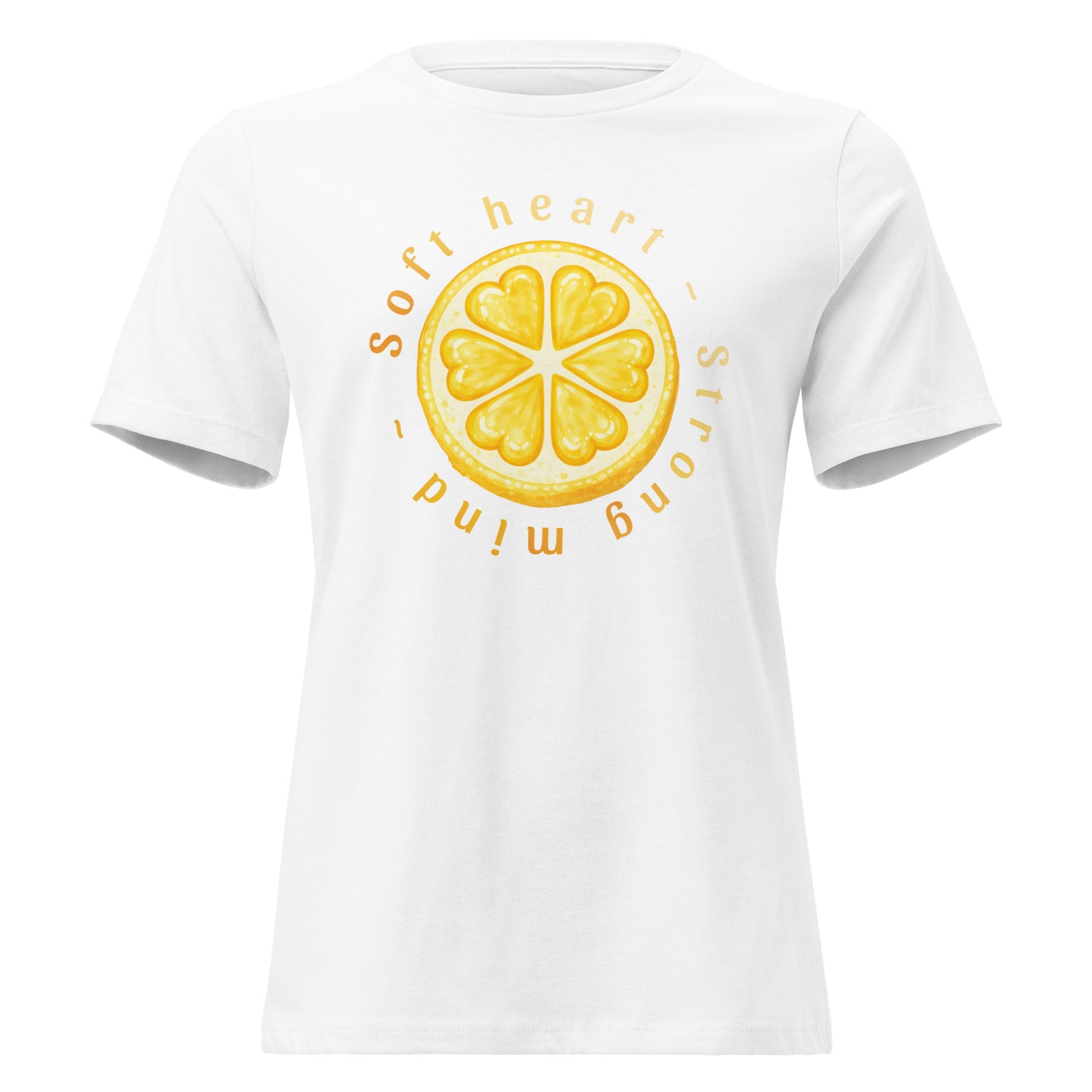 Soft Heart Strong Mind womens relaxed cotton tee in white with yellow circular graphic