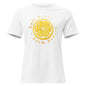Soft Heart Strong Mind womens relaxed cotton tee in white with yellow circular graphic