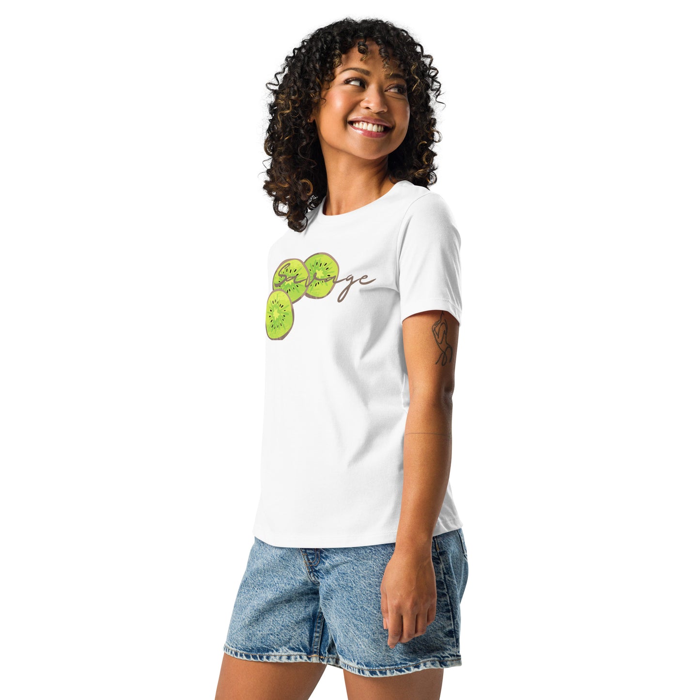 Savage womens relaxed cotton T shirt in white worn by model