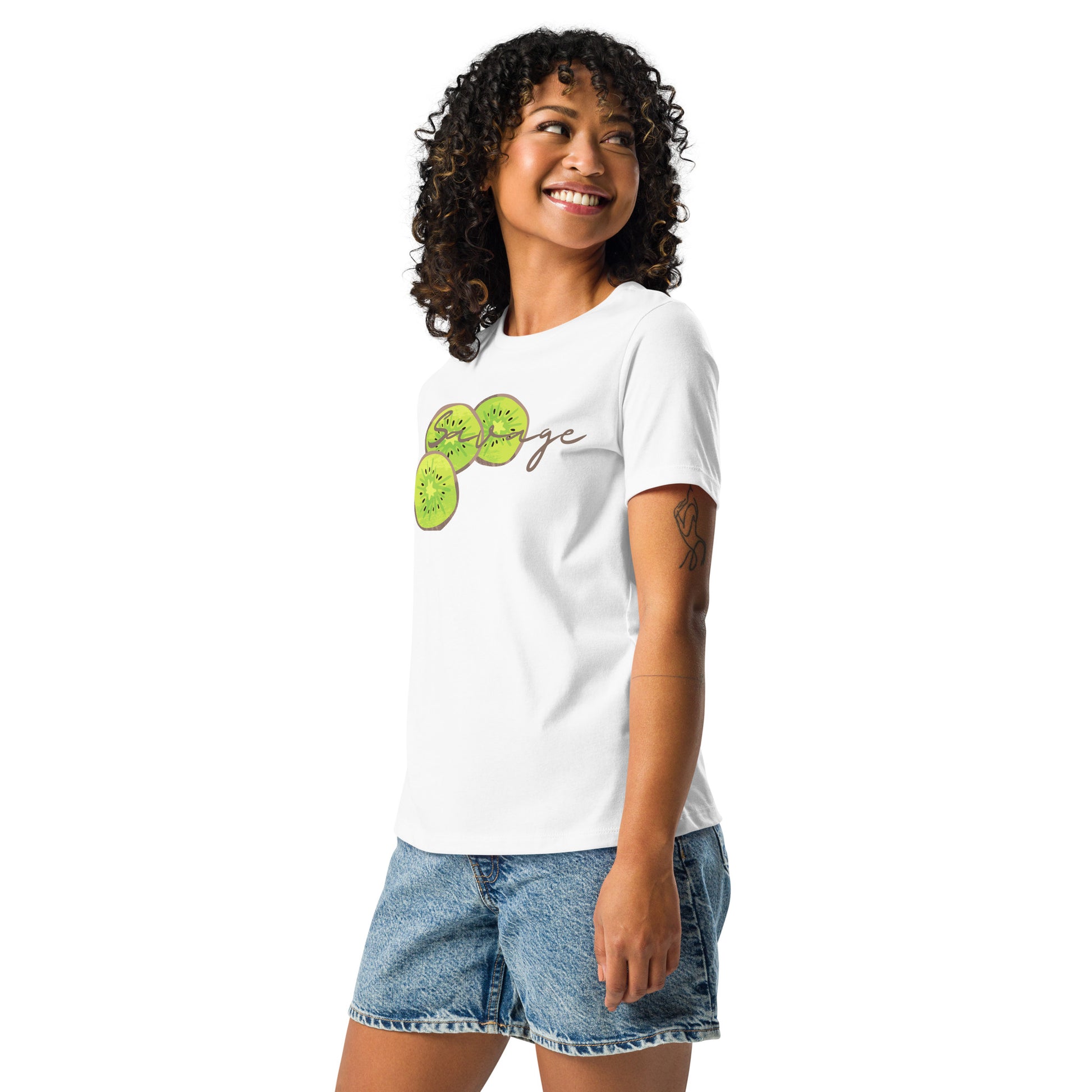 Savage womens relaxed cotton T shirt in white worn by model